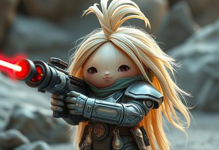 a long haired onion in futuristic armor holding a laser canon, cute, scene from a science fiction movie