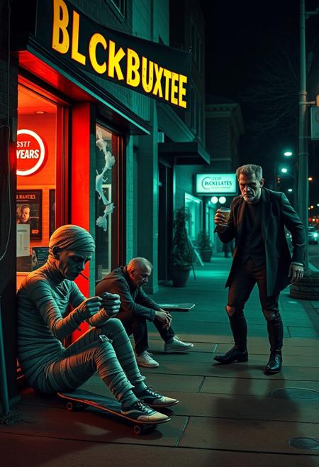 outside a blockbuster, 20 years mummy smoking a cigarrette sitting on the sidewalk, 18 years old dracula  watching her telephone, 21 years old werewolf on a skateboard doing tricks, frankenstein stand drinking a soda