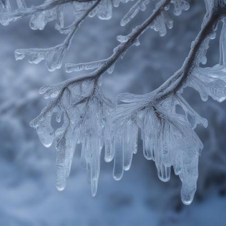winter landscape of icy ice on trees, close-up tree branch