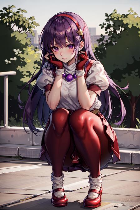 (masterpiece), (best quality), (ultra-detailed), intricate detail, athena97, 1girl, solo, purple eyes, purple hair, long hair, white earrings, red hairband, star hair ornament, medium breats, red vest, white turtleneck, white puffy sleeves, short sleeves, red pleated skirt, (deep red pantyhose:1.2), yellow belt, purple sphere shape necklace, red fingerless gloves, white short socks, red shoes,   <lora:athena97e12:0.8>, squatting, 
(outdoors), photography, embarrassed, blush, shame, frown,