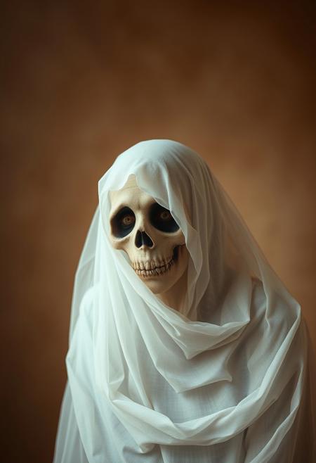 A soft dreamy atmosphere uses natural earth tones of browns and beiges.  A creepy ghostly figure is presented in muted colors, hazy soft light, and iconic portraiture, using a contemporary photographic style.