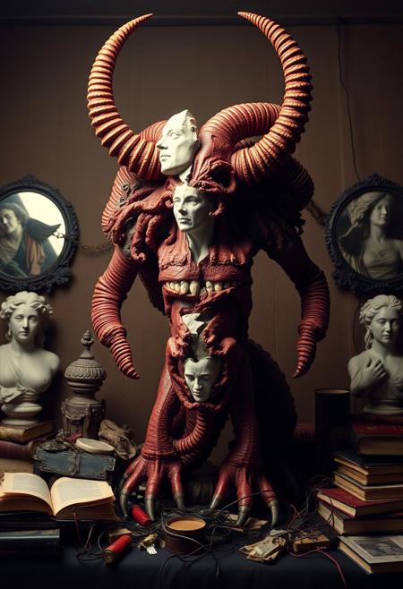 A Hegelian monster representing the eternal dialectic — abstract amalgam of thesis and antithesis locked in perpetual transformation, forms shifting with contradiction, humanoid and organic geometry intertwined, evoking change, conflict, and synthesis; rich symbology layered into its anatomy (spiral horns, ouroboros spine, fractured dual faces); analog photography aesthetic, shot on Hasselblad 500cm — 80mm Planar lens; dramatic overhead lighting with deep shadows and saturated color; vivid film grain and shallow depth of field; editorial tension and surrealism captured in a Vogue-style professional portrait; props and backdrop reflect philosophical motifs — broken marble busts, burning books, tangled wires and mirrors; rich, cinematic color palette — Prussian blue, vermilion, ash grey, and gold; composition is slightly off-kilter to evoke psychological instability; emotionally immersive, intellectually provocative and deeply stylized.