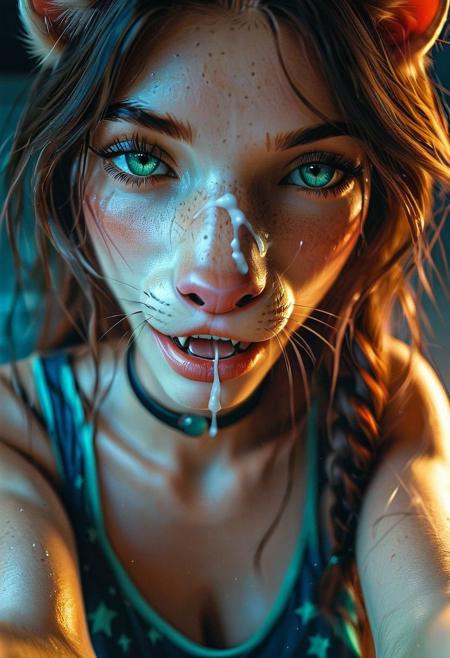 score_9, score_8_up, score_7_up, score_7, score_6_up, solo, 1girl, pretty 18 year old girl, black hair, ponytail braid, big green eyes, anthro, mammal, female, felid, pantherine, clothing, solo, breasts, hair, cum, tiger, countershading, clothed, blush, tongue, fur, fangs, teeth, bodily fluids, hi res, open mouth, genital fluids, cum on face, green eyes, alex marx, high-angle view, brown hair, big breasts, digital media (artwork), video games, absurd res, after sex, Ultra Realistic, cartoon, 3D, coy smile, flowery dress, (perfect breasts), photo, detailed, sharp focus, sweet, innocent, flirtatious, seductive, DV_Manuela_Vicious, (show small cleavage,  flat chest), choker, skinny girl with perfect body and tan skin, cute, pleasant, seductive, freckles, 85 mm, dark room, outdoor, rare angle selfie, sunburst, backrooms