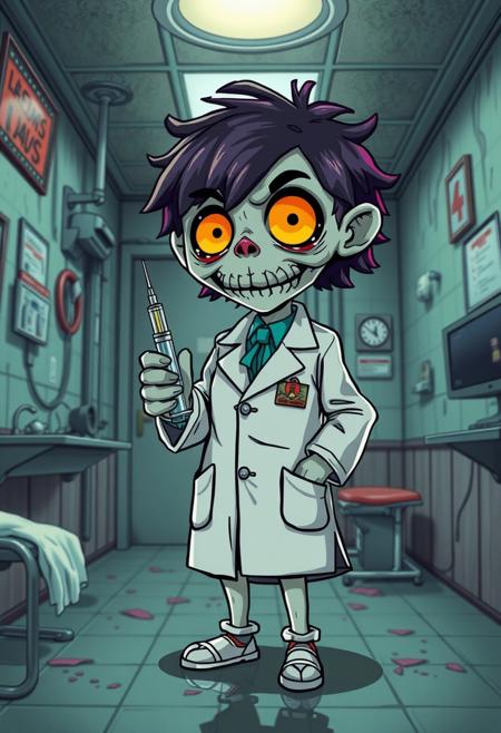 comic long forgotten art created by undead artist illustrating Adorable Kawaii, Full body, gloom hospital room, ((old crazy doctor)) holding a syringe, vibrant shades, 4K, sharp focus, film grain, vignette, highly detailed, bokeh, pretty, cute, adorable, kawaii, tribute to the death and decay. miserable art of the damned. wretched and decaying world. best quality, high resolution . graphic illustration, comic art, graphic novel art, vibrant, highly detailed