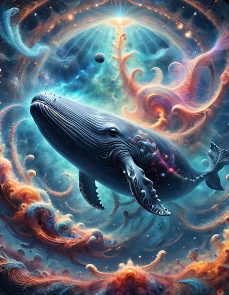 "Giant Whale Swimming through a Nebula": Imagine a colossal, space-faring whale, ethereal and translucent, swimming gracefully through the colorful gases and dust of a nebula. The whale's movements stir the nebula's particles, creating swirling patterns of light and color. This fantastical scene merges the majesty of celestial phenomena with the serene beauty of one of Earth's most magnificent creatures, set in the grand stage of the cosmos <lora:ral-frctlgmtry:1> made of ral-frctlgmtry