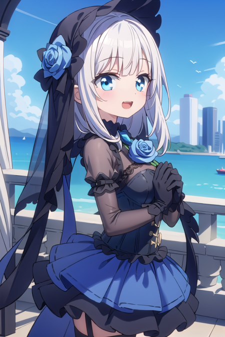 (cleavage:-1), insanely detailed, absurdres, ultra-highres, ultra-detailed, best quality,
1girl, solo, nice hands, perfect hands,
BREAK
(fusion of black mourning-dress and black wedding dress:1.2), (gothloli dress:1.3), (light-blue and black theme:1.3), ((black mourning-veil, black see-through wedding-veil):1.5), ((black latex corset, light-blue breast-cup):1.4), (short puff-sleeve:1.3), ((white collar, tie-bow):1.3), ((ruffle-skirt, multilayer-skirt):1.4), ((stockings, garter belt):1.3), (see-through long gloves:1.3), (blue rose decoration on head:1.3), (high heels:1.1)
BREAK
happy smile, laugh, open mouth,
standing,own hands together,
from side, cowboy shot,
BREAK
slender, kawaii, perfect symmetrical face, ultra cute girl, ultra cute face, ultra detailed eyes, ultra detailed hair, ultra cute, ultra beautiful,
BREAK
cityscape in tokyo, ultra detailed background, blue sky, bay side, panorama view,
(cleavage:-1), white hair, blue eyes