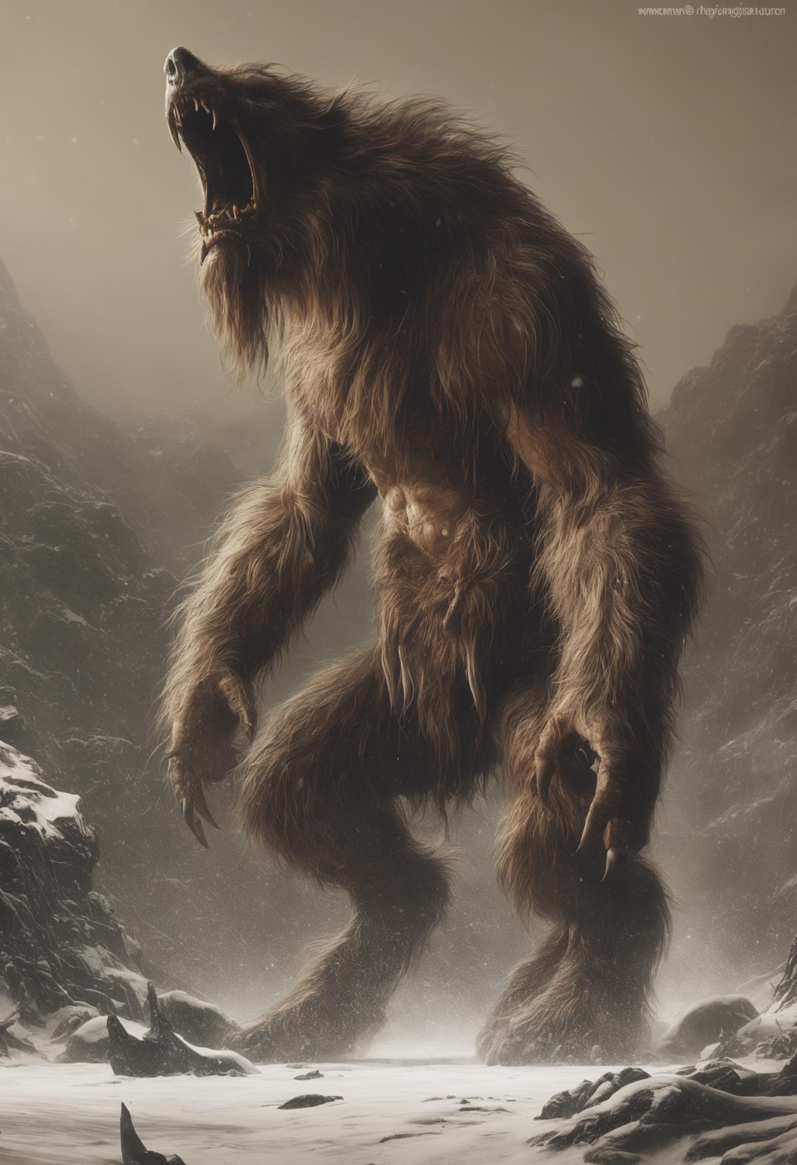 A computer generated image of a hairy, large, and menacing creature with a mouth full of teeth, standing in a snowy landscape.