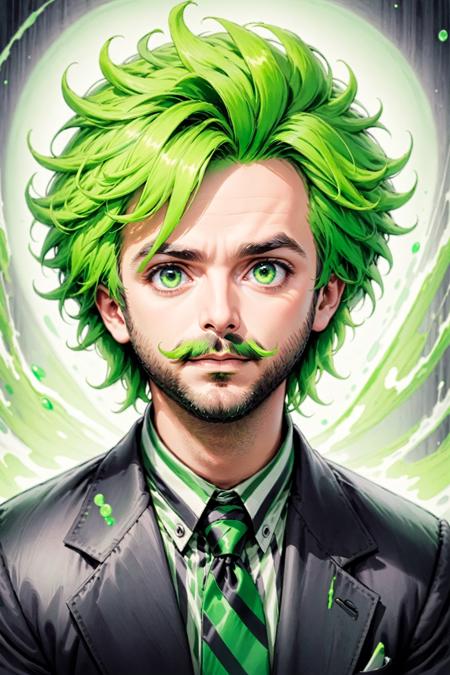 Beetlejuice Slime Tutorial,  1boy,  beard,  green hair,  facial hair,  indoors,  looking at viewer,  male focus,  mustache,  portrait,  shirt,  solo, <lora:EMS-61574-EMS:0.600000>