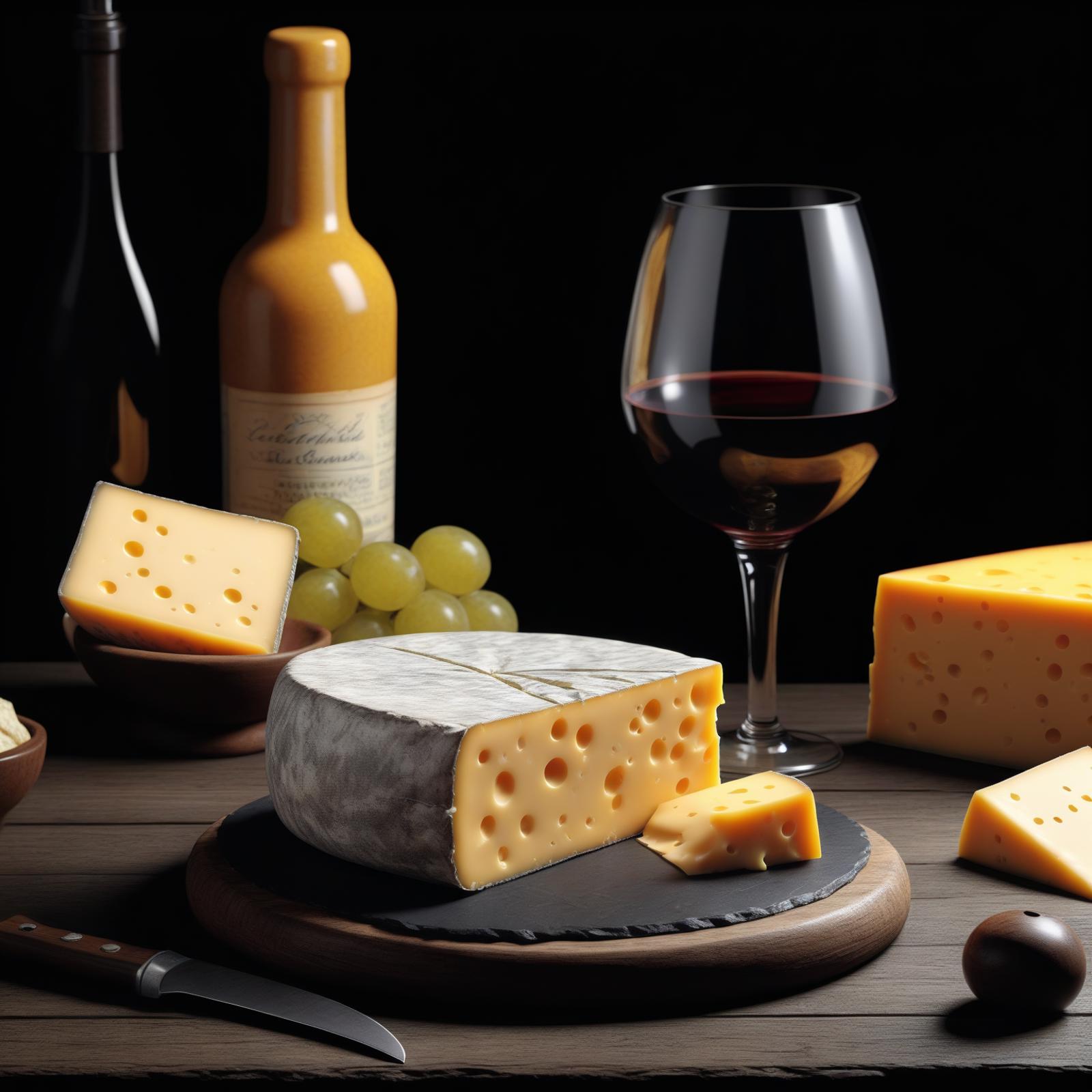 Cheese and Wine Pairing: A Platter of Cheese, Grapes, and Wine on a Dining Table