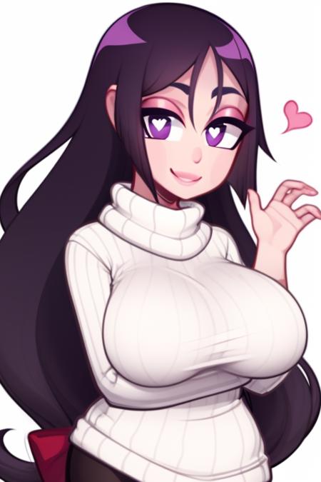 1girl, heart, heart-shaped pupils, looking at viewer, simple background, solo, symbol-shaped pupils, white background <lora:hp-style:1>   <lora:raikou:1> white turtleneck sweater, large breasts, smile