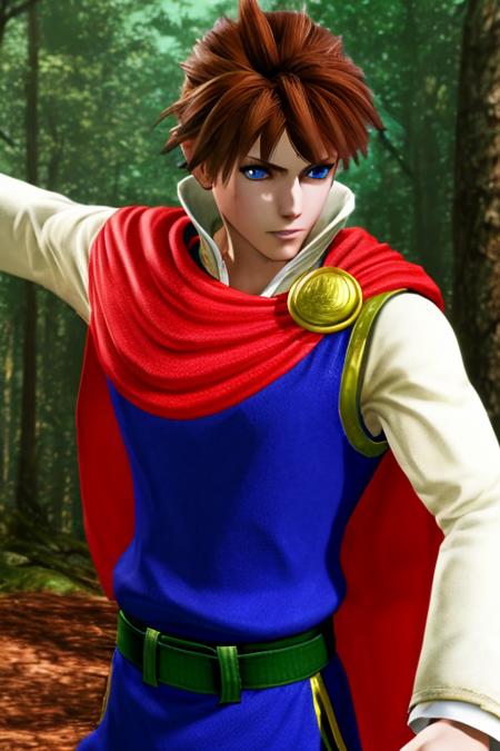 masterpiece, best quality, bartz klauser, brown hair, short hair, blue eyes, blue shirt, red cape, green belt, solo,  forest, <lora:Bartz:0.8>