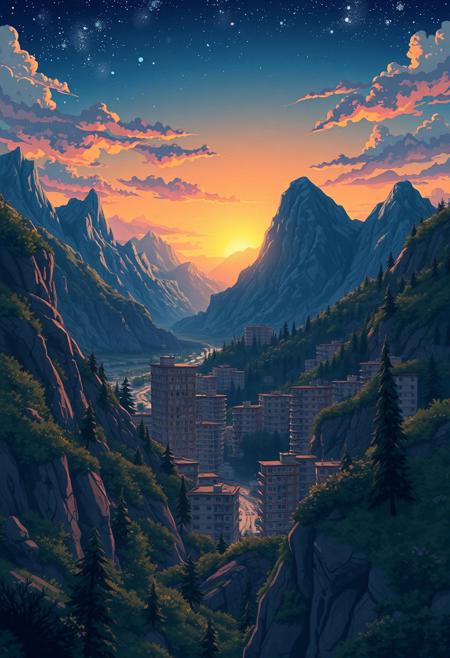 2D cartoon in retro anime style, surrealism and fantasy, picturesque wilderness nature, night, stunning landscape of a city built on mountainous terrain,   apartment buildings, old anime, sunrise,