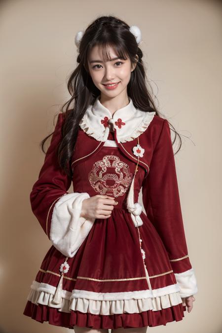 best quality, masterpiece, realistic, photorealistic, 1girl, solo, looking at viewer, grin, cowboy shot, standing, long black hair, bangs, cyb dress, chinese clothes, frilled dress, wide sleeves, long sleeves, simple background, <lora:chinese_new_year_dress_style2_v1:0.7>