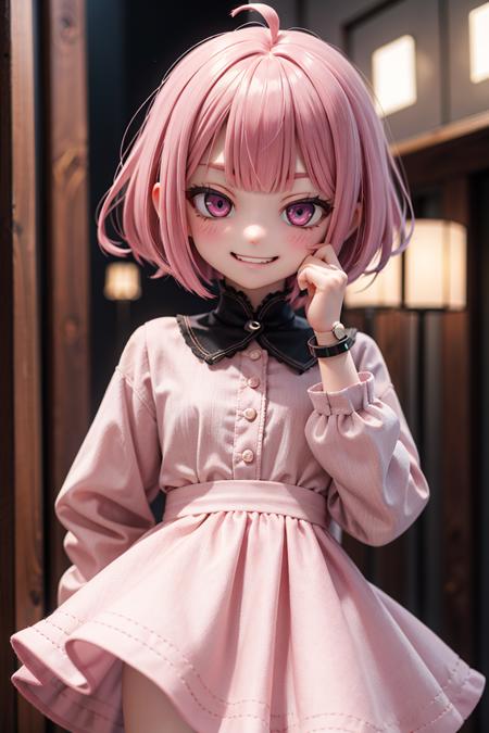 (masterpiece), best quality, high resolution, highly detailed, detailed background, perfect lighting, outdoor, 1girl, petite, short hair, pink hair, blunt bangs, evil grin, doll joints,