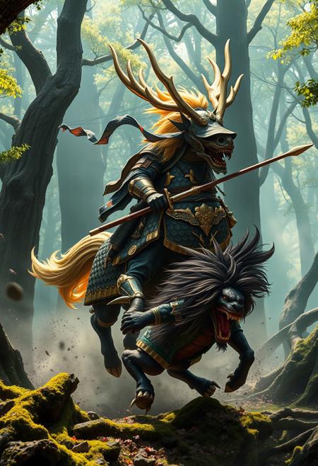 A Samurai in Full Armour with Mask and Swords, ornate, battle-worn armor rides atop a majestic Kirin through a misty Japanese forest. The Kirin’s scales resemble dark lacquer edged with shimmering gold, giving it a regal, polished appearance. Its large, elk-like antlers gleam in gold and silver, catching the dappled sunlight breaking through the dense canopy. The Kirin’s golden mane flows like liquid fire as it charges forward with an aura of divine power. The Samurai, gripping a long Japanese spear (Yari), delivers a decisive strike to a Demonic (hkwarrior) with wild hair and sharp claws, mid-attack. The forest is alive with towering trees, moss-covered roots, and swirling mist, framing the dramatic and mystical battle. Kodama, can be seen peeking from the branches of trees and on the ground,