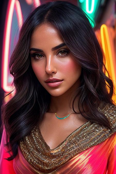 beautiful woman (Ay4S4m4h4-340:.99), beautiful hair, ((portrait)), (closeup:1.2), ((from the waist up)), (( A glowing neon arcade with vintage video games :1.2)) , natural skin texture, (( Cowl neck dress:1.2)), 24mm, 4k textures, soft cinematic light, adobe lightroom, photolab, hdr, intricate, elegant, highly detailed, sharp focus, ((((cinematic look)))), soothing tones, insane details, intricate details, hyperdetailed, low contrast, soft cinematic light, exposure blend, hdr, faded, now, ("I've got a bad feeling about this.":1.1)