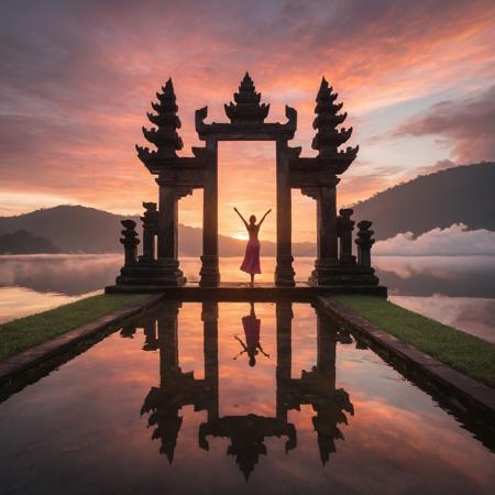 breathtaking beauty of Bali, ancient Balinese temple gateway at sunset.  Dramatic reflection in tranquil pool.  Young woman, likely 20s,  in a dark-colored, flowing, midi-length dress in the middle of the gate.  Silhouette highlights graceful pose, arms raised in joyful celebration or reverence.  Warm, sunset colors, deep oranges and dusky pinks dominate sky, reflected perfectly in still water.  Ancient stone temple gateway, Balinese temple architecture, carved with intricate details.  Dramatic cloudscape of sunrise and misty mountain background.  Precise symmetry, reflected in calm water.  Long shadows stretch across the ground and reflected within the pool.  Peaceful, contemplative, and awe-inspiring atmosphere.  Travel photography style with artistic use of perspective and reflection.  Emphasis on color harmony and balance between human figure and environment. halation, cozy ambient lighting,dynamic lighting, masterpiece, liiv1, linquivera, metix, mentixis, masterpiece, award winning,negativeXL_D
