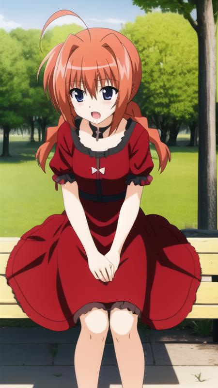 vita, 1girl, ahoge, open mouth,
sundress, red dress, 
outdoors, park, park bench,
<lora:nanoha-strikers-vita:0.8>