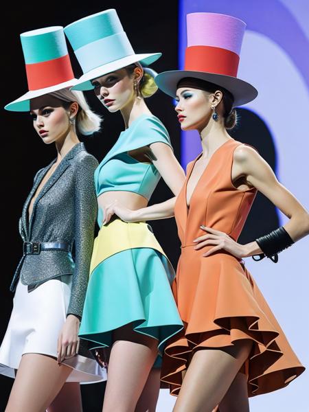 <lora:Avant-gardeFashion:1>three models in colorful outfits with hats on top of their heads in a fashion show Avant-garde Fashion