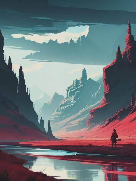 <lyco:NoahBradley:1.0> a person is standing near a river while looking over, in the style of noah bradley, red and cyan, war scenes, expressive character design, tonal palette, sparth, hyper-detailed