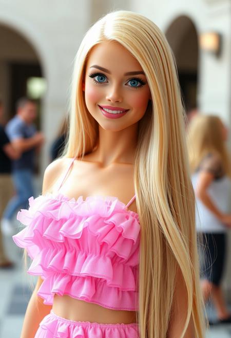 an extremely realistic photo of a sorority girl who looks like a Barbie doll, (very long straight blonde hair:1.3), side parted hair, big blue eyes, pink lipstick, frilly pink dress, smiling, thin waist