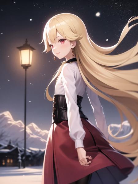 best quality, (masterpiece:1.2), illustration, absurdres,
(1girl, solo), (beautiful detailed girl), from behind, ass, ass focus,
<lora:Roselia-06:0.8>,  Roselia Millstein, blond hair, very long hair, red eyes, flat chest,
necklace, earrings, white shirt, long sleeves, red laced corset, long skirt, red skirt, purple pantyhose,  brown boots,
smile,
winter, snowfall, snowy mountains, snow, snowy pine trees, freezing weather, frost, chill, wind, windy, winter , night, nighttime, starry sky, wooden fence, distant village, distant lights, lantern,