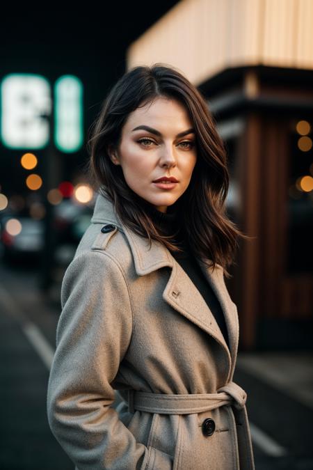 photo of (EPS3r1d4Sw4n:0.99), closeup portrait, perfect hair, (modern photo, Pea coat), 24mm, (analog, cinematic, film grain:1.3), (([celestial peace treaty council, metal roofing sheets,wood shingles or shake roof,tuff stone, bioluminescent fungi, moving head lights| town, japanese architecture], gradient:1.1)), ((detailed eyes)), ((eyeliner, long lashes)), (epicPhoto), long eyelashes, (perfect waist), (painted lips)