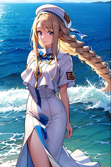 (exceptional, best aesthetic, best quality, extremely detailed), 1girl, solo, aliciaflorence, smile, beret, aria_company_uniform, water, arms_behind_back