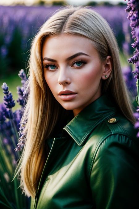 photo of (tahtest-200:0.99), a beautiful woman, perfect hair, (modern photo, Emerald Green winter coat), 85mm lens, (analog, cinematic, film grain:1.3), (A tranquil, sunlit field of wild lavender:1.2), detailed eyes, (seductive pose), (epicPhoto), (looking at viewer), jewelry, (cinematic shot:1.3), PA7_Portrait-MCU