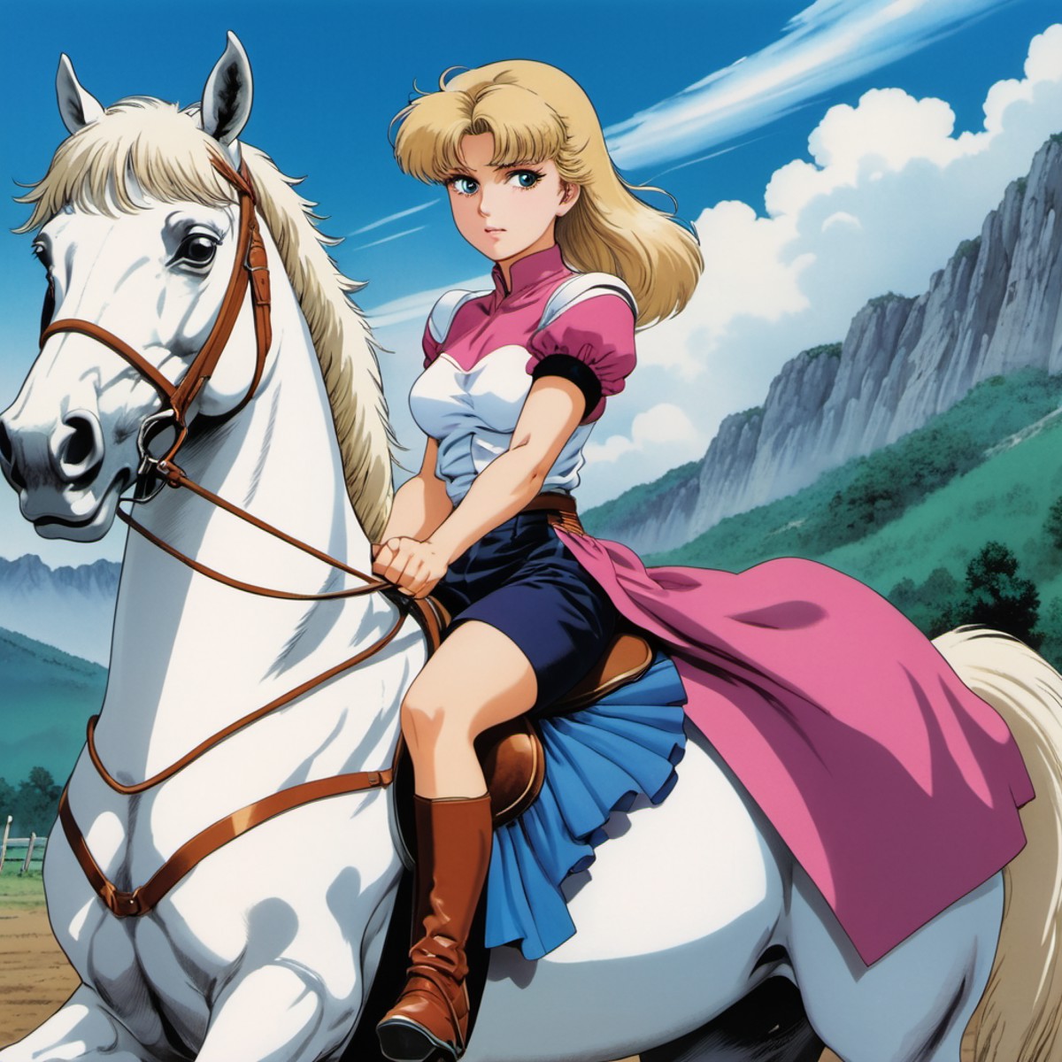 a pretty girl riding a horse, the fist of the north start 80s anime