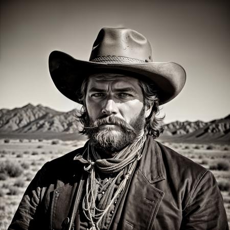 RAW, photorealistic, best_quality, cowboy-shot of a man in the western american frontier, year 1860, the style of Ansel Adams