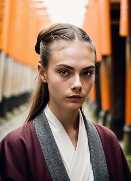 portrait of sks woman in Kyoto, at the Fushimi Inari-taisha shrine, by Flora Borsi, style by Flora Borsi, bold, bright colours, ((Flora Borsi)), by Gerda Taro, <lora:lora-small-cara-delevigne-v1:1>