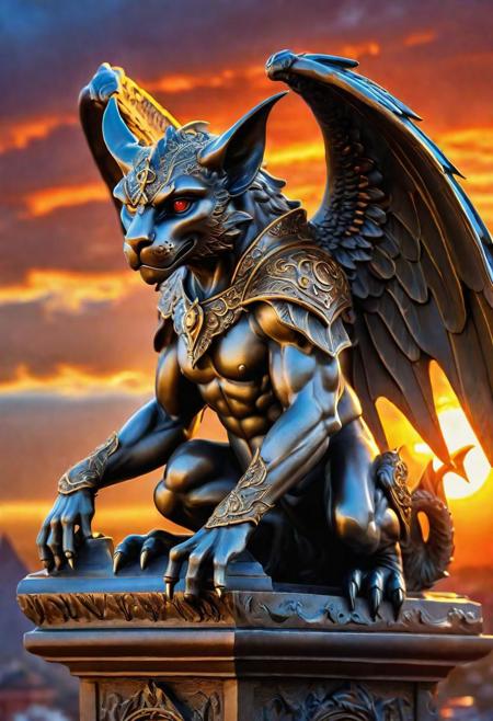 a hyper detailed bronze gargoyle, gargoyle is highly detailed,
with its wings and claws all rendered in exquisite detail, filigree, intricate details, against the background
of the setting fiery sun, super mystical atmosphere and aura, clear small details,
digital painting, high quality, by Boris Vallejo, rendered in HDR 8K resolution, full of wonderful and dazzling colors, 
the setting sun is ablaze with fiery light, and it casts a warm glow on the gargoyle, effect of high-quality cinematic cameras, depth of field,
sharp focus, very high detail