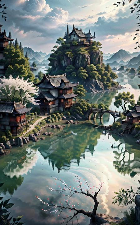 (best quality,ultra-detailed,realistic,RAW photo,8k uhd,ultra high res,photorealistic style,cinematic scenes, masterpiece,dramatic lighting,extremely detailed CG unity wallpaper) ,empty scene,village, lake,summer,<lora:CSAL_Jiangnan_v1_150:1>