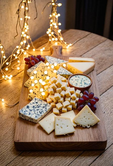 Cheese Chuckles Board, food Photography, An assorted cheese platter, Backlit, on a wooden board , Twinkling Fairy Lights in the background