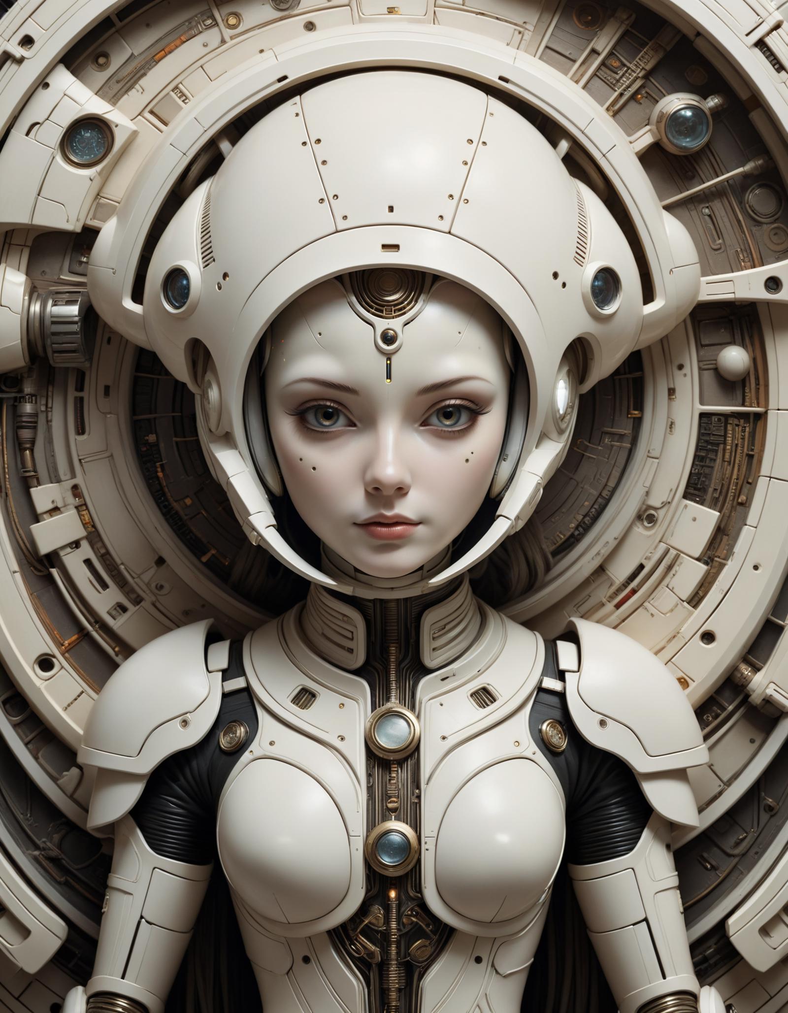 White Sculpture of a Woman in a Spacesuit with Glowing Eyes