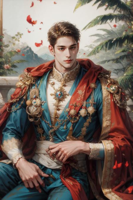 (absurdres, highres, ultra detailed), 1 male, adult, handsome, tall muscular guy, broad shoulders, intricate details, colorful, portrait, looking up, solo, half shot, detailed background, detailed face, (tropical jungle theme:1.1), royal imperial monarch, floating particles, rose petals, sitting on floor, stoic expression, palace terrace background, overlooking mountain, symmetrical composition, sidelighting, cinematic atmosphere, shadows, long color cape