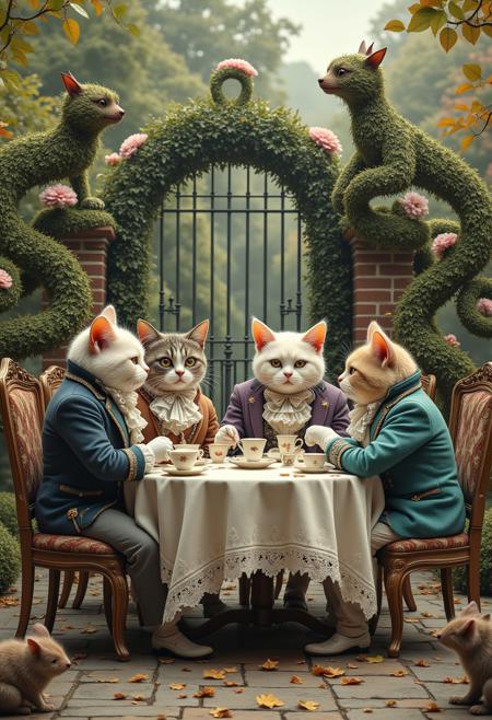 A whimsical garden scene where a group of aristocratic cats dressed in elaborate Victorian waistcoats, lace cravats, and tiny monocles sip tea from absurdly delicate china cups. One cat reads a newspaper upside-down, another glares dramatically at a mouse waiter. The table is crooked, the chairs don’t match, and the sugar cubes float midair. Behind them, topiary sculptures of dragons and hedgehogs twist around the garden’s iron gates. The image is rich with fine penwork, dry humor, and curious character expressions, aidmamj6.1, masterpiece, 4k, ray tracing, intricate details, highly-detailed, hyper-realistic, 8k RAW Editorial Photo. cinematic light, dramatic light