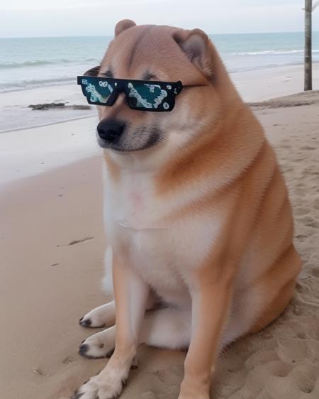 cheems at the beach  wearing incrsdealwithit glasses epic cinematic <lora:DealWithIt2:.85> <lora:Cheems_50_2-000001:1>