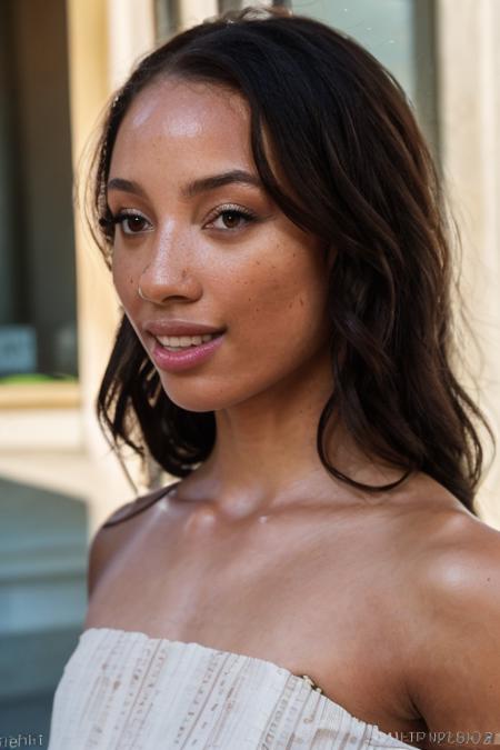 <epicrealism>,best quality, (highly detailed:1.3), cinematic lighting, 200mm, photograph of a woman, wearing beautiful sundress, outside a cafe, Florence Italy, sunshine, dynamic lighting, smiling, 