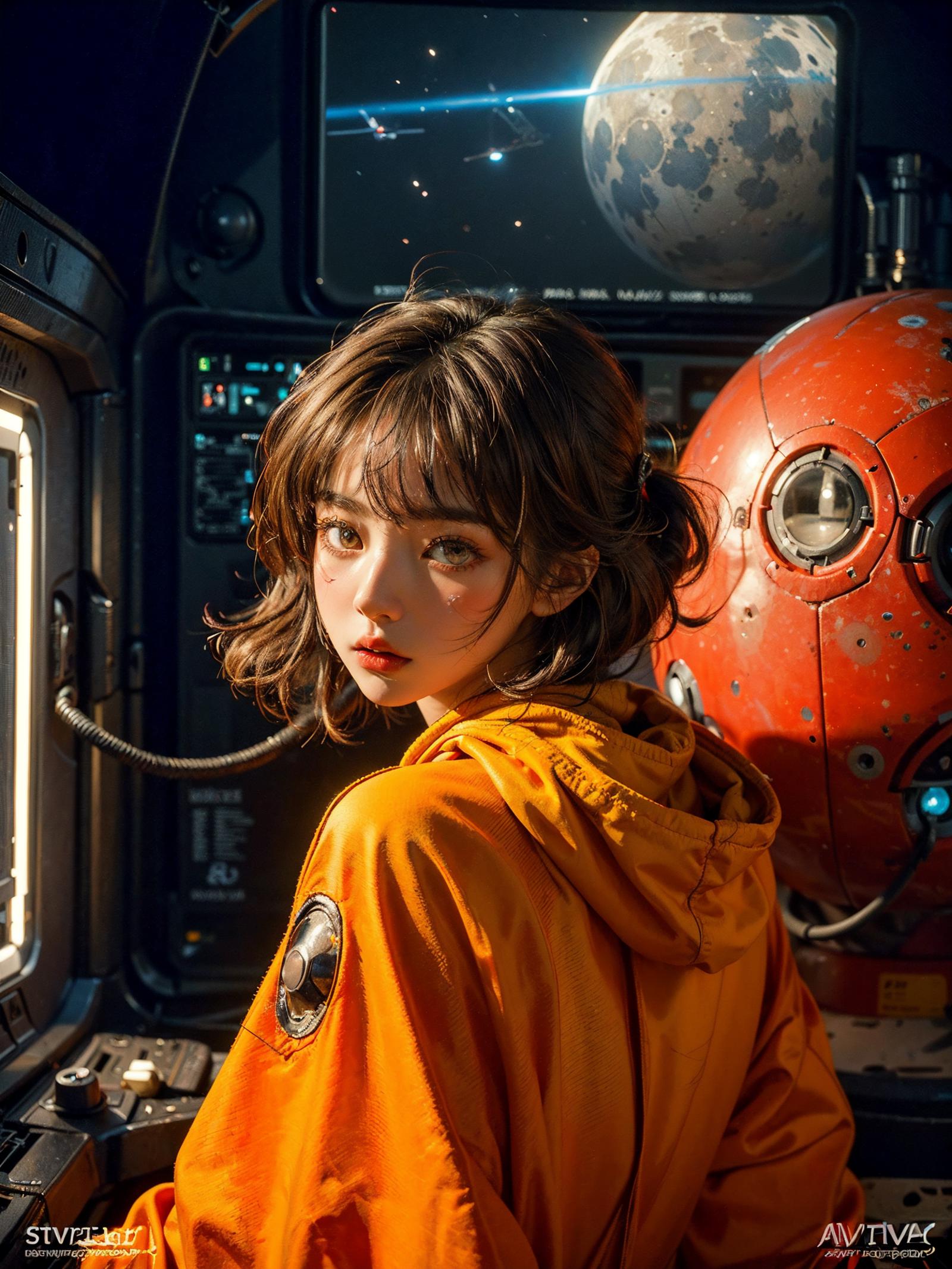 A young woman in an orange jacket standing in a spaceship.