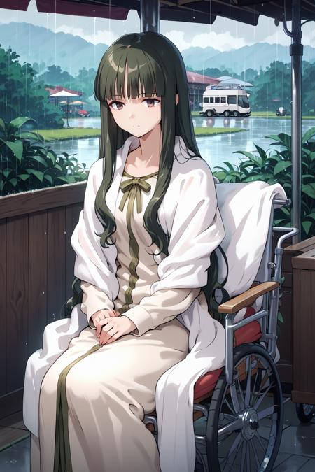 tohsakaaoi, long hair, brown eyes, blunt bangs, dark green hair, long dress, shawl, long sleeves, ribbon 