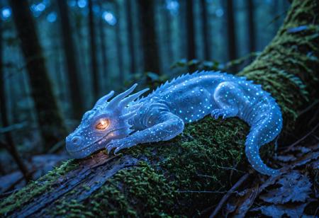 A tiny bioluminiscent dragon lies curled up and sleeping on the mossy branch of an oak tree in a forest at night. A full moon can be seen shining through the leaves and branches. Bioluminescence, luminous, nature
