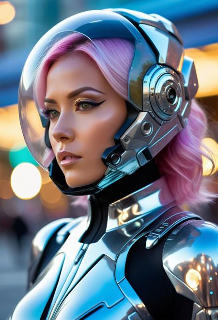 woman in transparent camo worn [chrome|carbon] mech suit, (bokeh), intricate, (translucent), elegant, sharp focus, greg rutkowski, soft lighting, vibrant colors, masterpiece, ((futuristic streets)), detailed face, pastell-colored hair, upper body shot Expressiveh