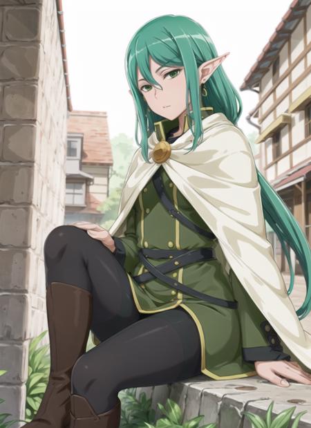 riveria, 1girl, solo, long hair, green hair, green eyes, boots, cape, brown footwear, robe, knee boots, tights, black pantyhose, androgynous