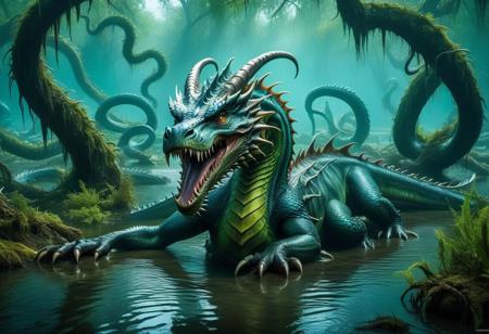 eerie swamp, hydra, many headed dragon, long necks, (one body), wet, half submerged, glistening scales, (absurd res:1.2), (photorealistic:1.2), BREAK, (8k:1.0), (hi res:1.0), (masterpiece:1.0), (best quality:1.0), (realistic:1.2), (ph0t0x2:1.0), (vibrant colors:1.0)