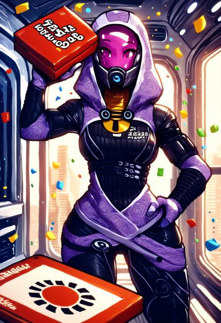 score_9, score_8_up, score_7_up, score_6_up, score_5_up, score_4_up, source_furry, by aqe, tali, tali'zorah, alien, alien humanoid, humanoid, quarian, 3 fingers, armor, black clothing, bodysuit, clothed, clothing, female, fingers, headgear, helmet, hood, not furry, detailed background, spacecraft, skinsuit, solo, tight clothing, hand on hip, pose, pose, cute pose, pinup, wide hips, medium breasts,  conf3tti, made of confetti, pizza box, employee uniform, pov, pizza delivery <lora:talizorah_pdxl_:1>