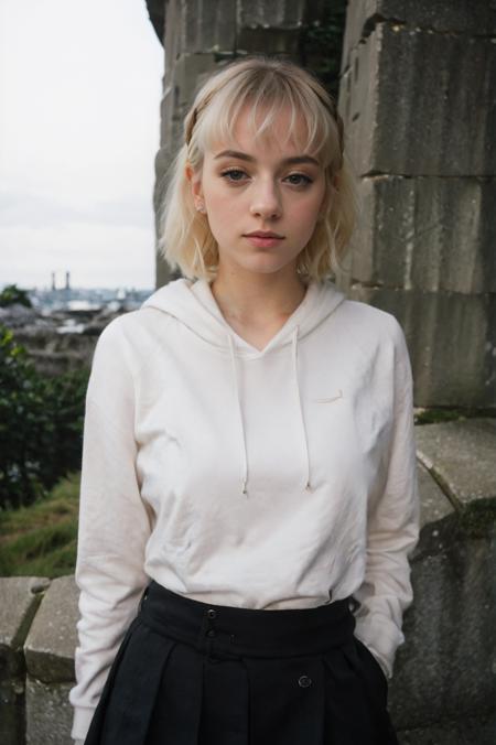 (closeup) Portrait of pretty young (18-year-old) pale milky white skin Caucasian (futuranaomi4300v5) ((Seductive gaze with one hand on waist.:1.07)), (flat chest:1.15), outdoor, BREAK (white Rolled Updo: Hair rolled and pinned up at the back of the head for an elegant and intricate updo.), no makeup, long dainty necklace, (((SFW, elegant, classy:1.3) hat, big tshirt, Cashmere hoodie with a pleated midi skirt.)) , <lora:epi_noiseoffset2:1> BREAK (magazine cover:1.10), BREAK (masterpiece, extremely detailed skin, photorealistic, heavy shadow, dramatic and cinematic lighting, key light, fill light), sharp focus, BREAK location is (outdoor Giant's Causeway, Northern Ireland:1.25), <lora:InstantPhotoX3:0.7>