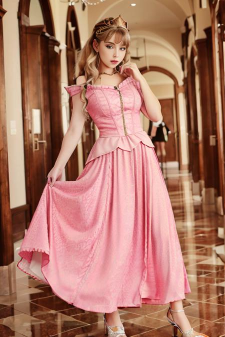 1girl, realistic, solo, (masterpiece:1.2), best quality, <lora:aurora_cos_v10-10:0.8>, aurora, pink dress, long dress , dancing,