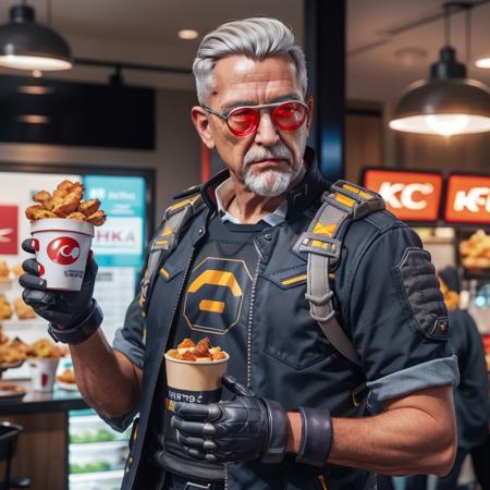 1boy,old man,<lora:Ballistic-000010:0.6>,white facial hair,red len sunglasses,(kfc:1.1),fried chicken,(fingerless gloves:1.1),(suit:1.1),